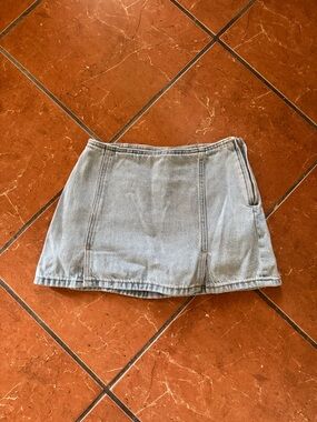 Stradivarius light blue denim skirt with gold stitch detail